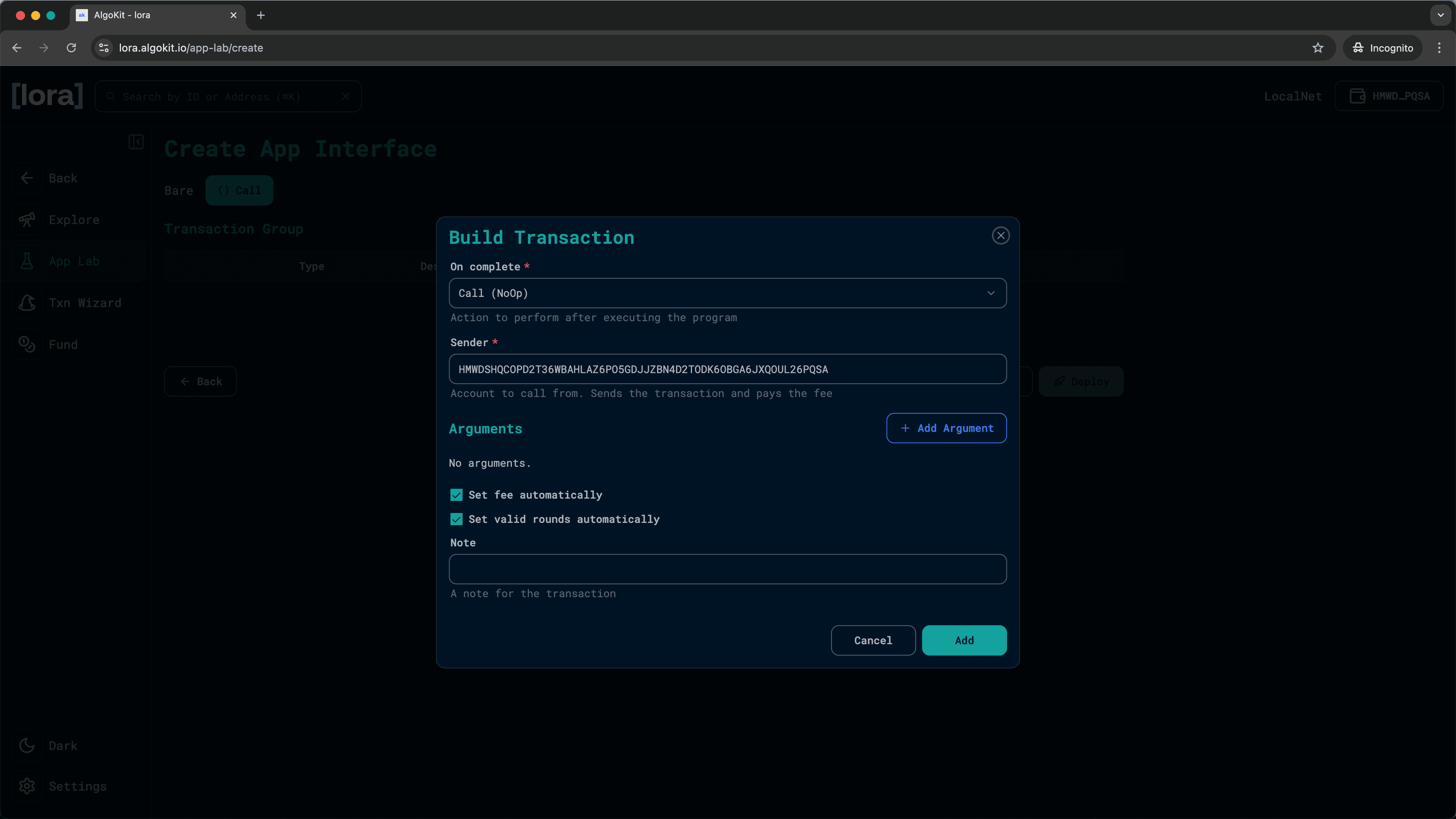 Lora Build Transaction modal showing configuration options for smart contract deployment