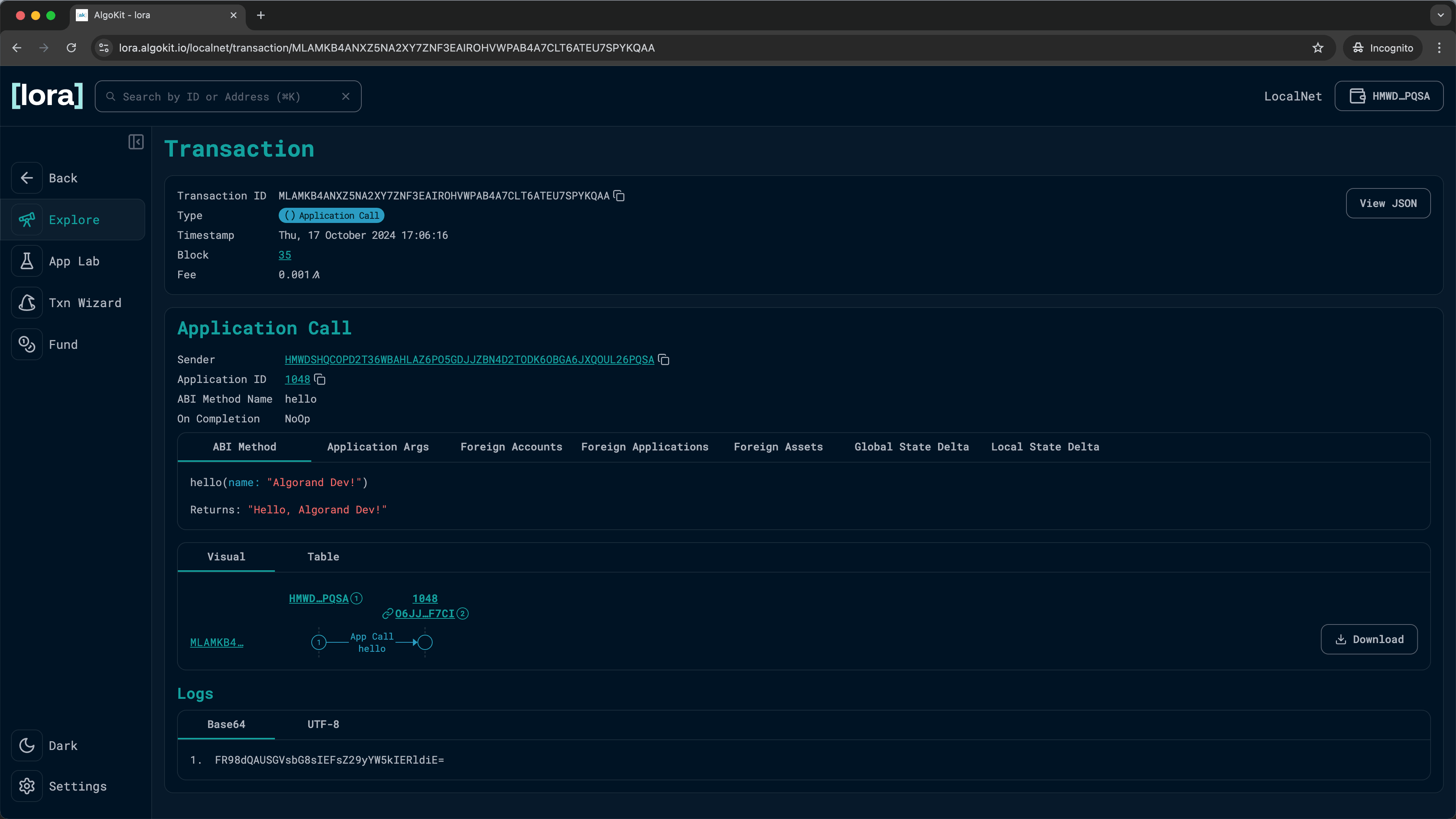 Lora detailed Transaction page showing comprehensive transaction information including ABI method details and logs