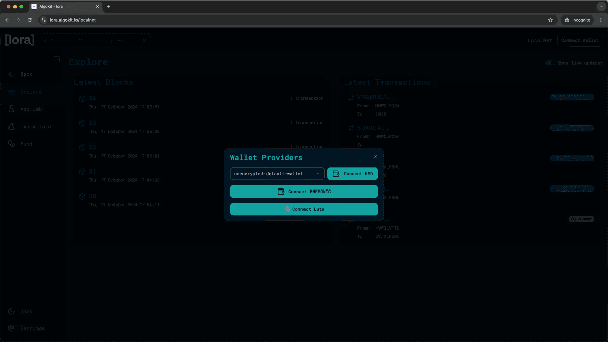 Lora wallet connection dialog showing KMD, MNEMONIC, and Lute options