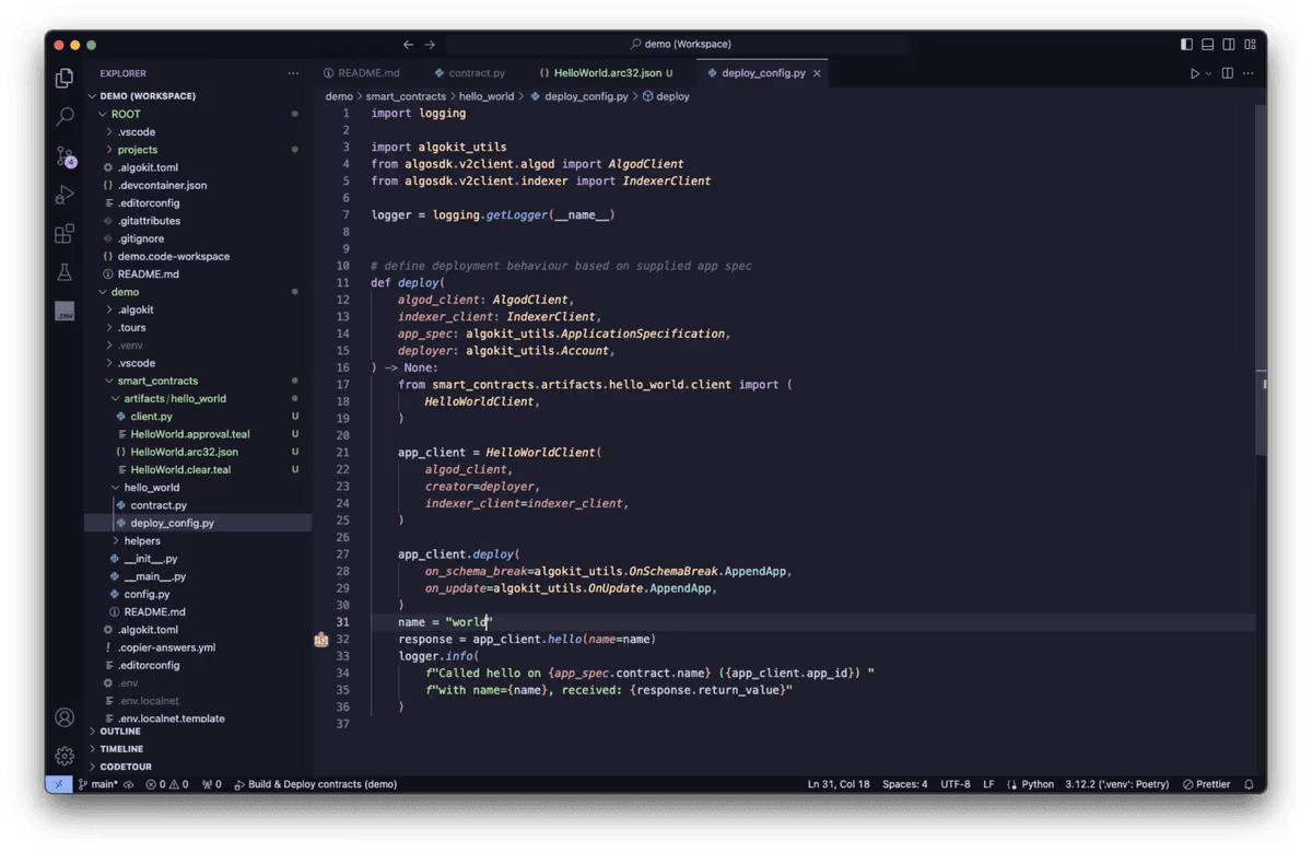 VS Code showing the deploy_config.py file with deployment configuration