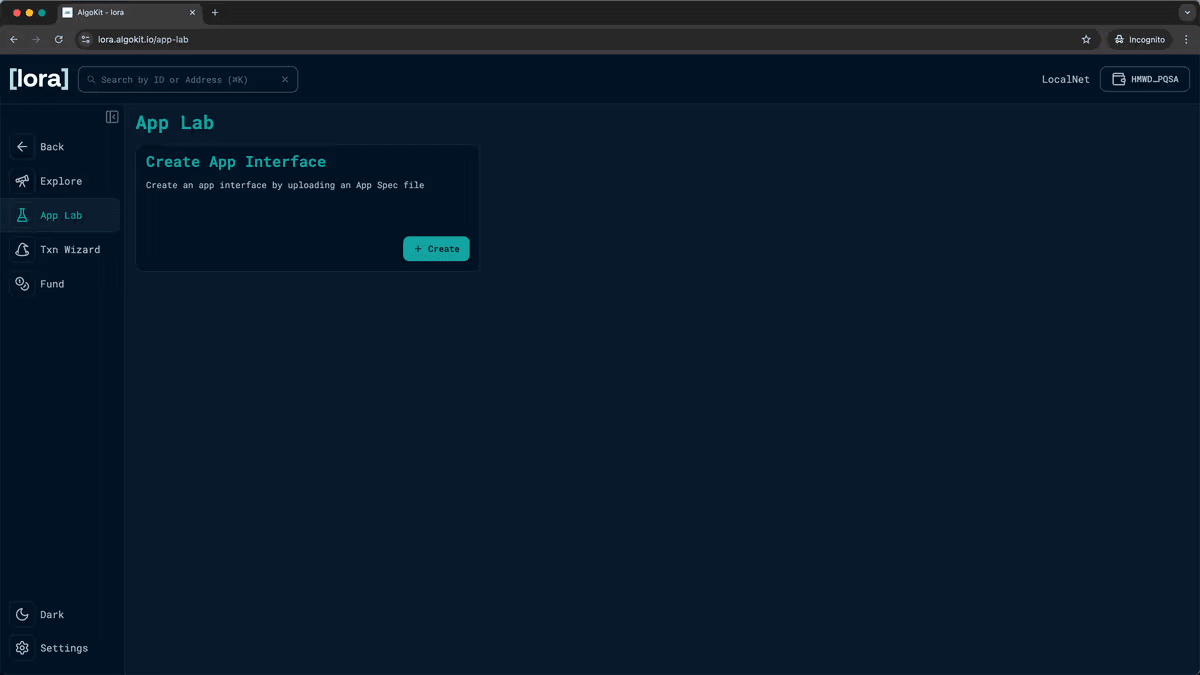 Lora App Lab interface with Create button for deploying applications