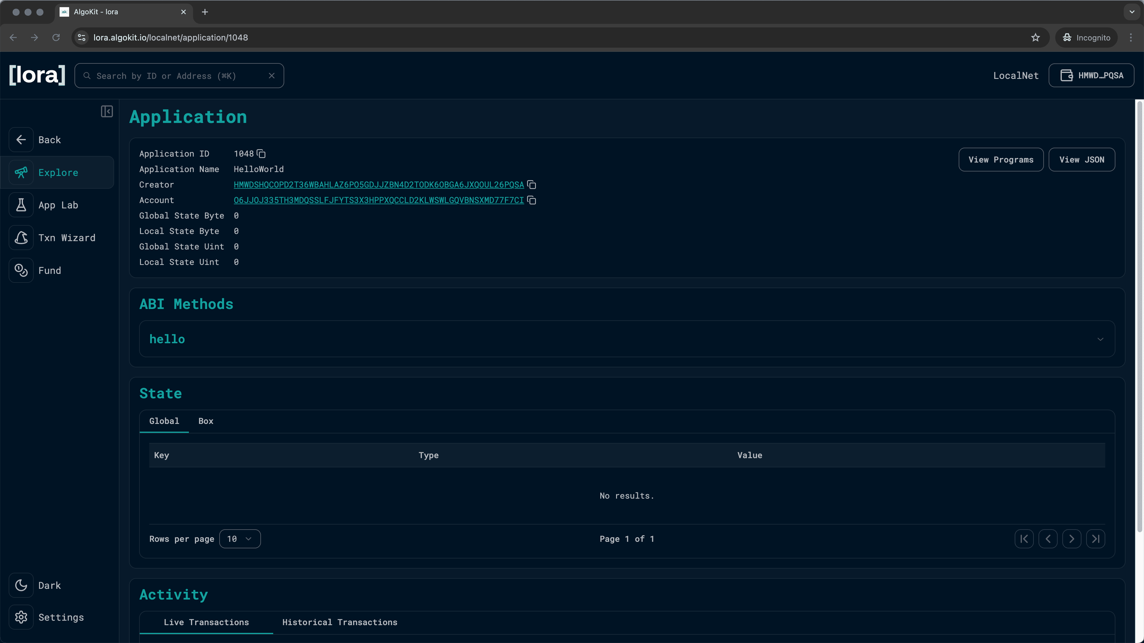 Lora Application page showing contract details and ABI Methods section with hello method