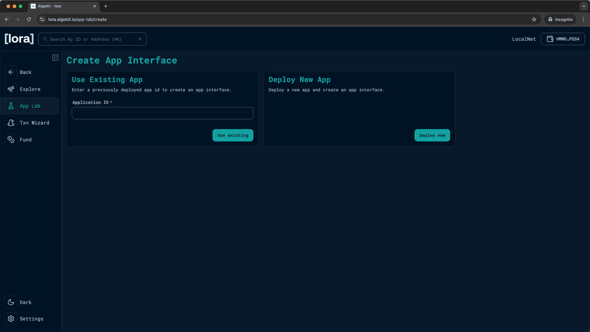 Lora create app interface showing options to use existing app or deploy new