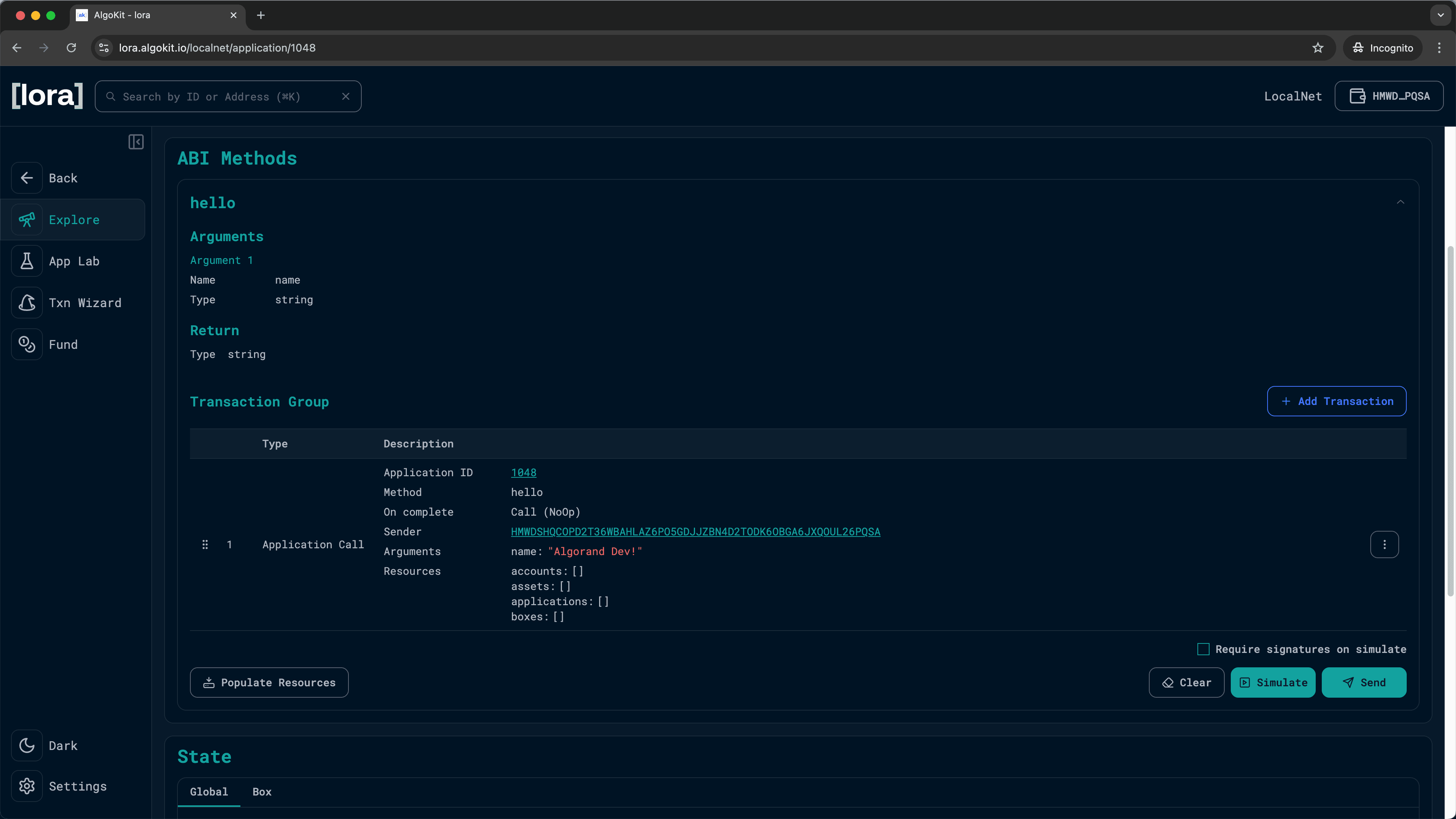 Lora Application page showing the built transaction ready to send with Send button