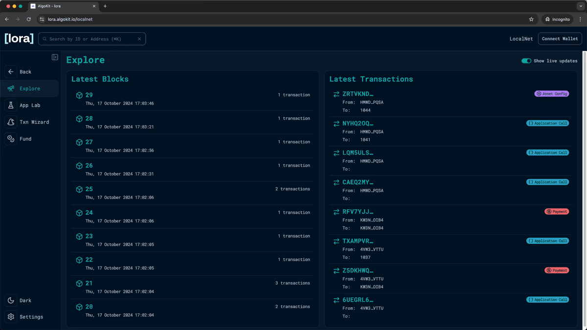Lora blockchain explorer interface showing LocalNet blocks and transactions