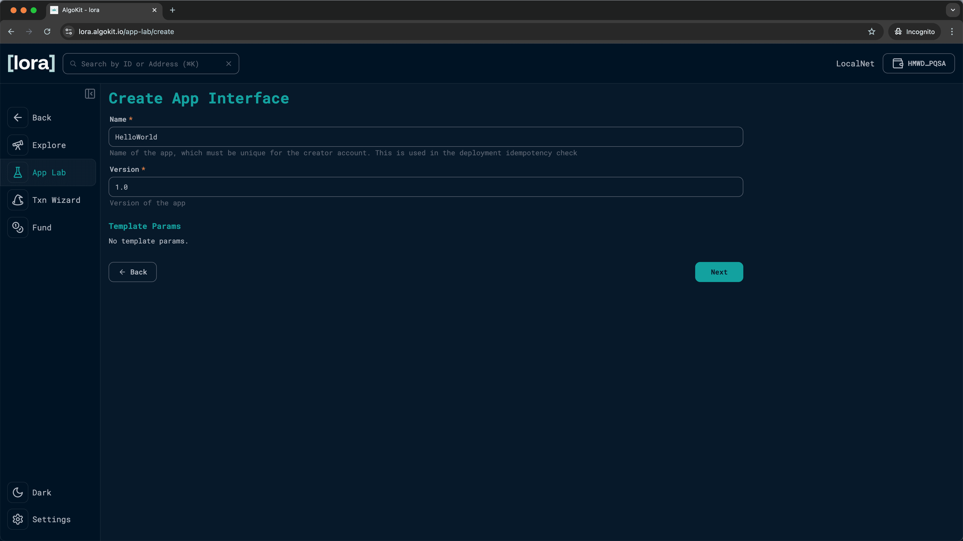 Lora Create App Interface showing HelloWorld app configuration with name and version fields