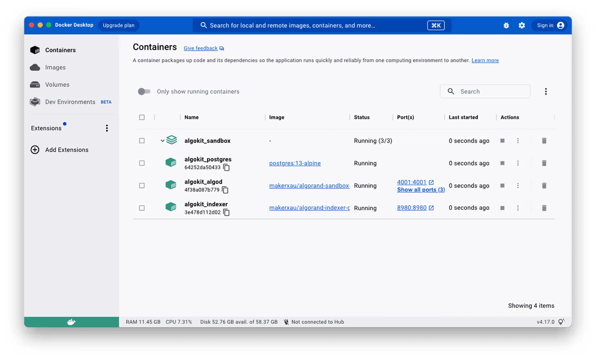Docker Desktop showing AlgoKit LocalNet containers running