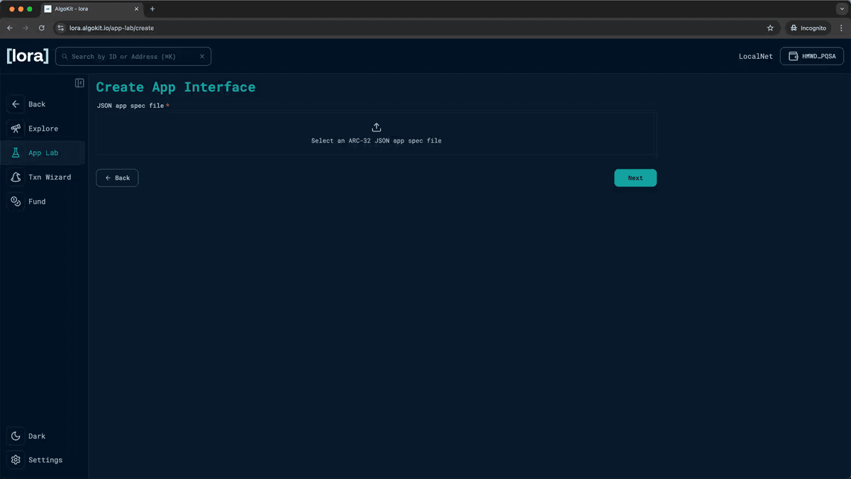 Lora file selection dialog for choosing ARC-32 JSON app spec file