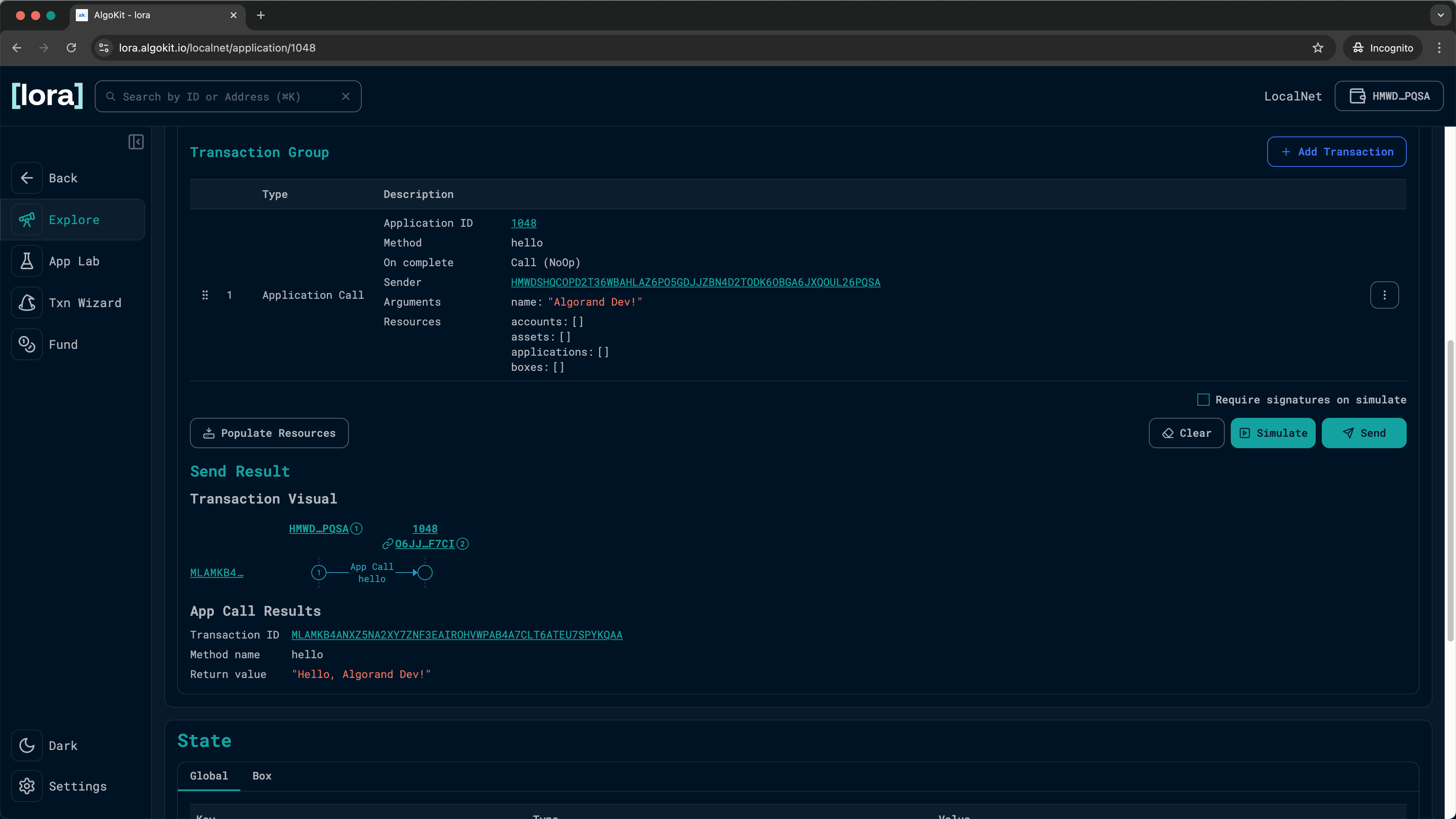 Lora transaction result page showing Send Result with transaction visual and App Call Results displaying 'Hello, Algorand Dev!' return value