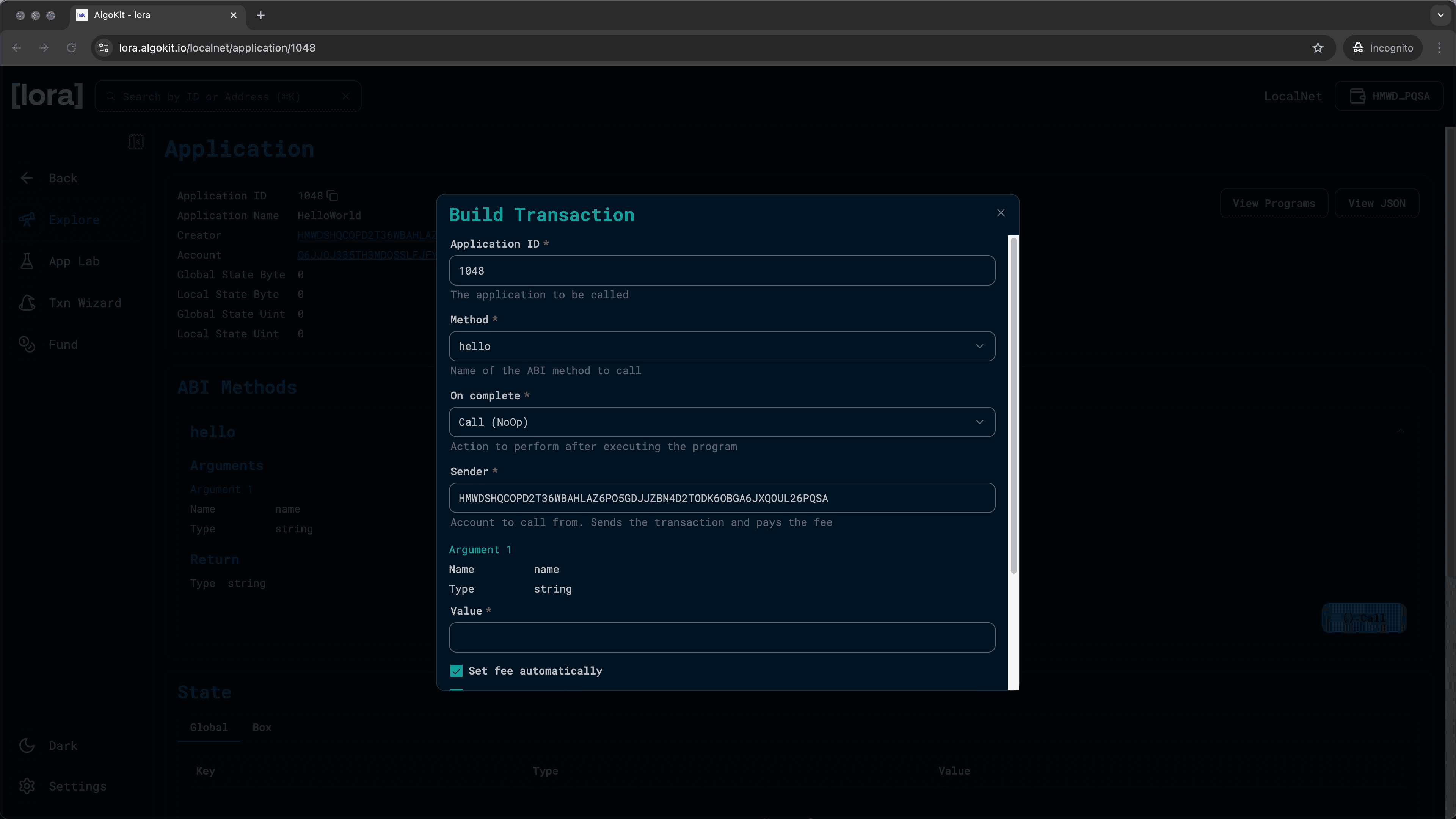 Lora Build Transaction modal for calling the hello method with parameter input fields