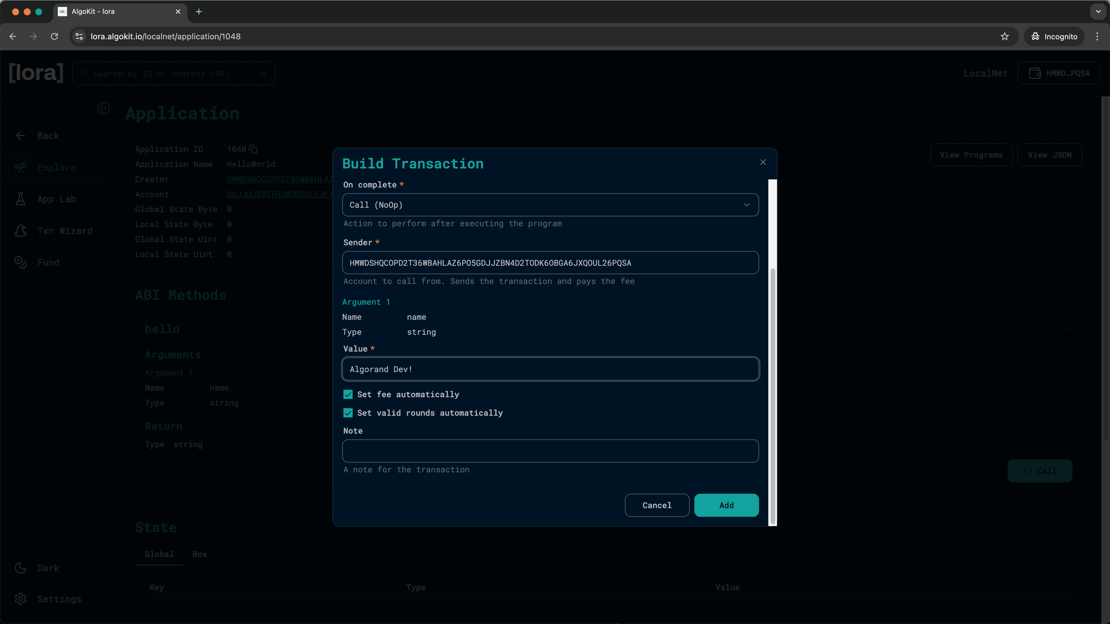 Lora Build Transaction modal showing 'Algorand Dev!' entered as the parameter value
