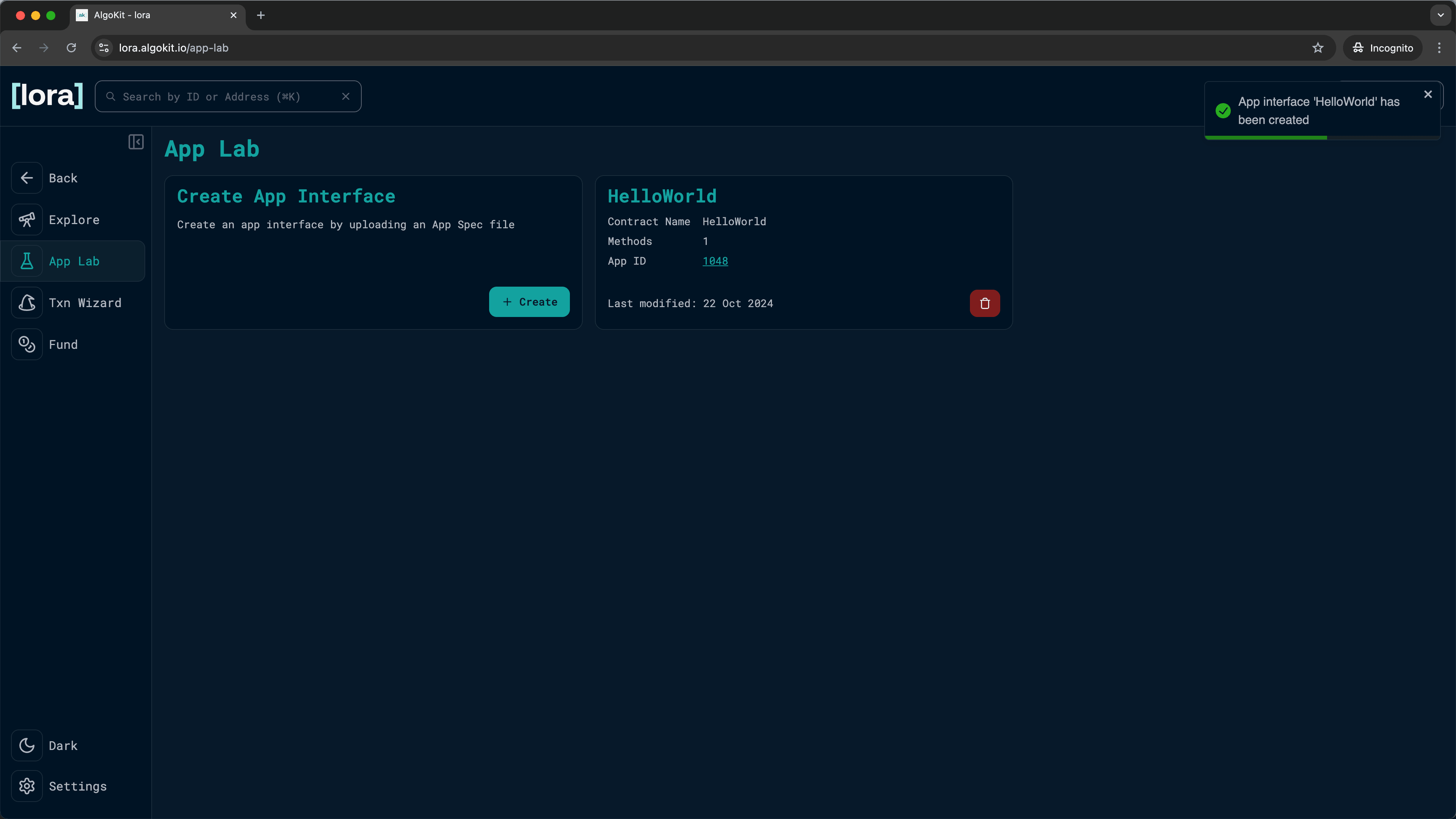 Lora App Lab showing the successfully deployed HelloWorld contract