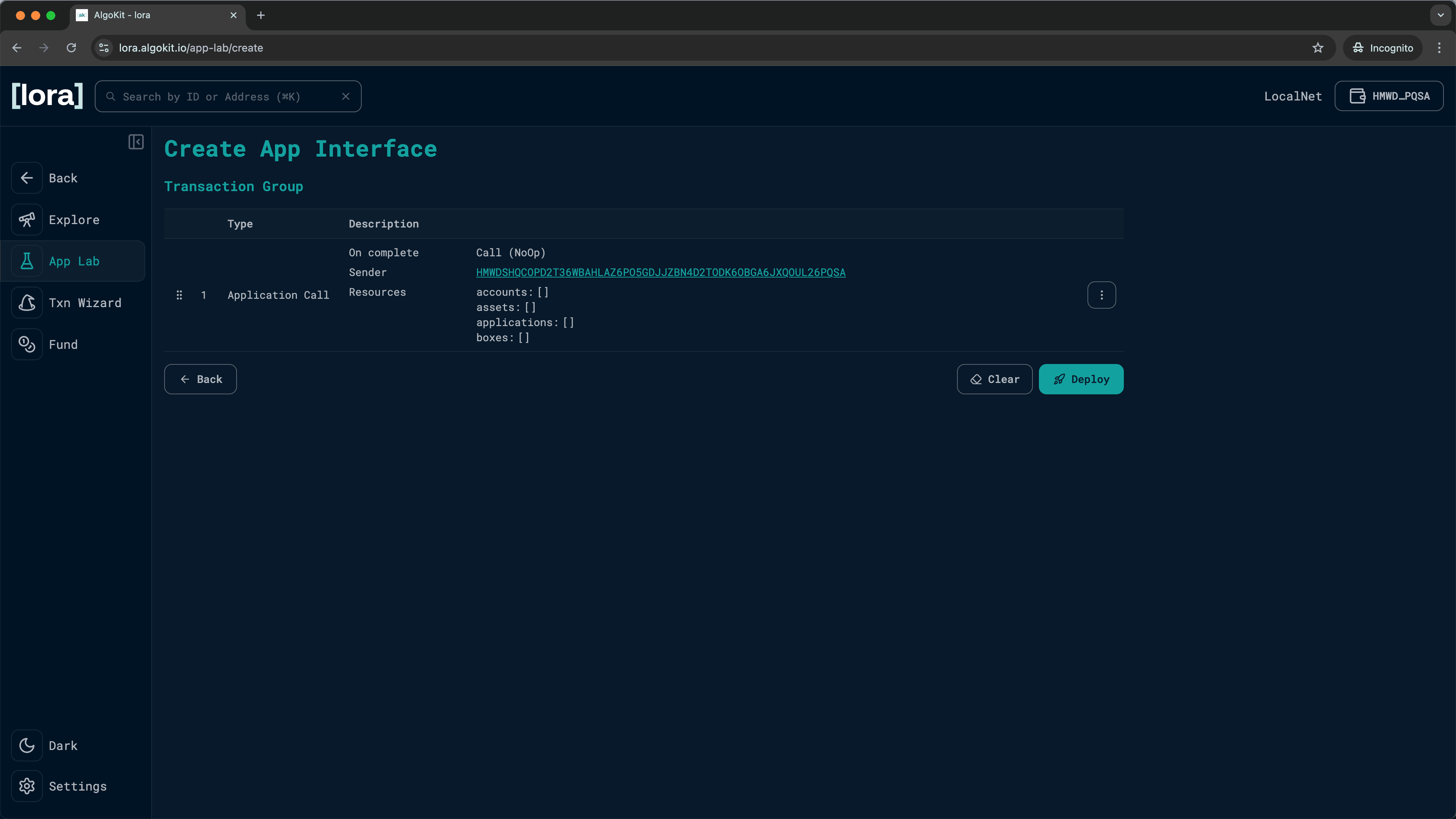 Lora showing the built application call transaction ready for deployment