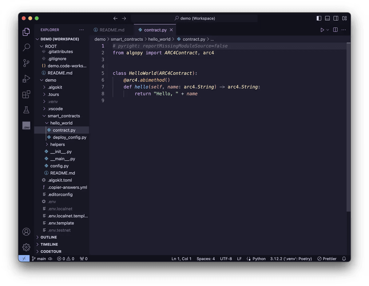 VS Code showing the AlgoKit starter smart contract in Python