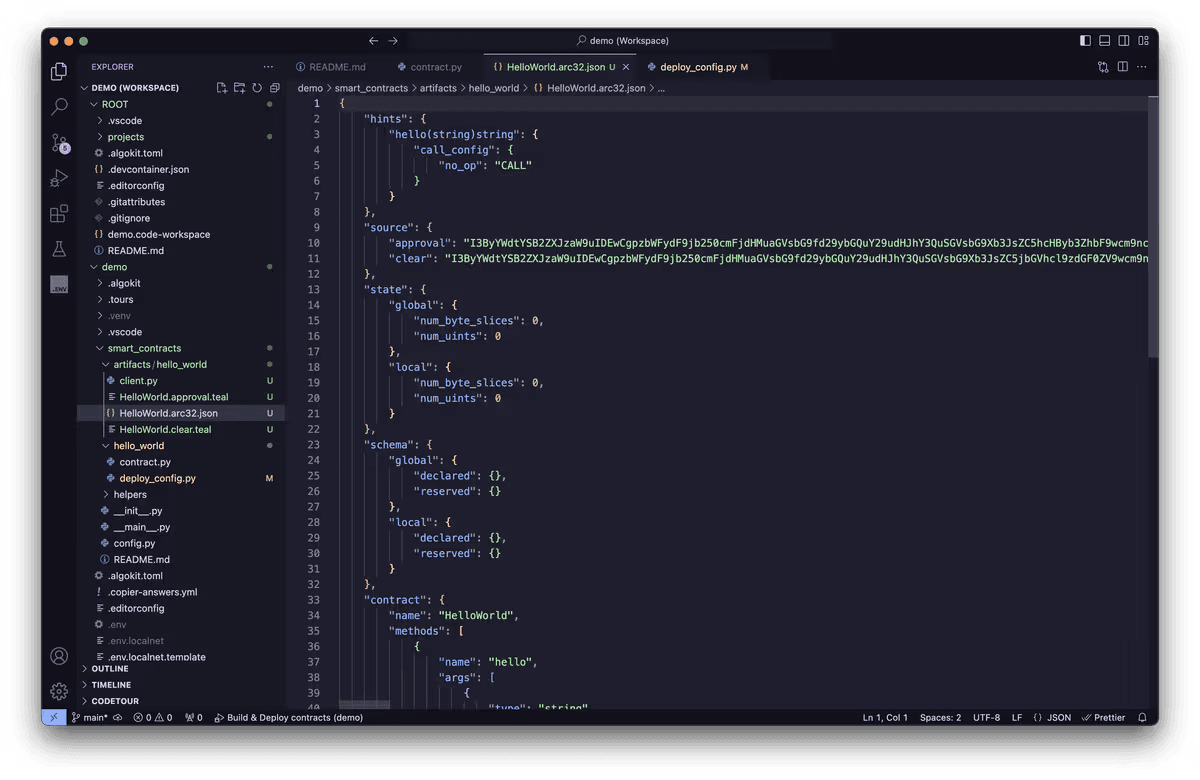 VS Code showing the HelloWorld.arc32.json manifest file in the artifacts folder